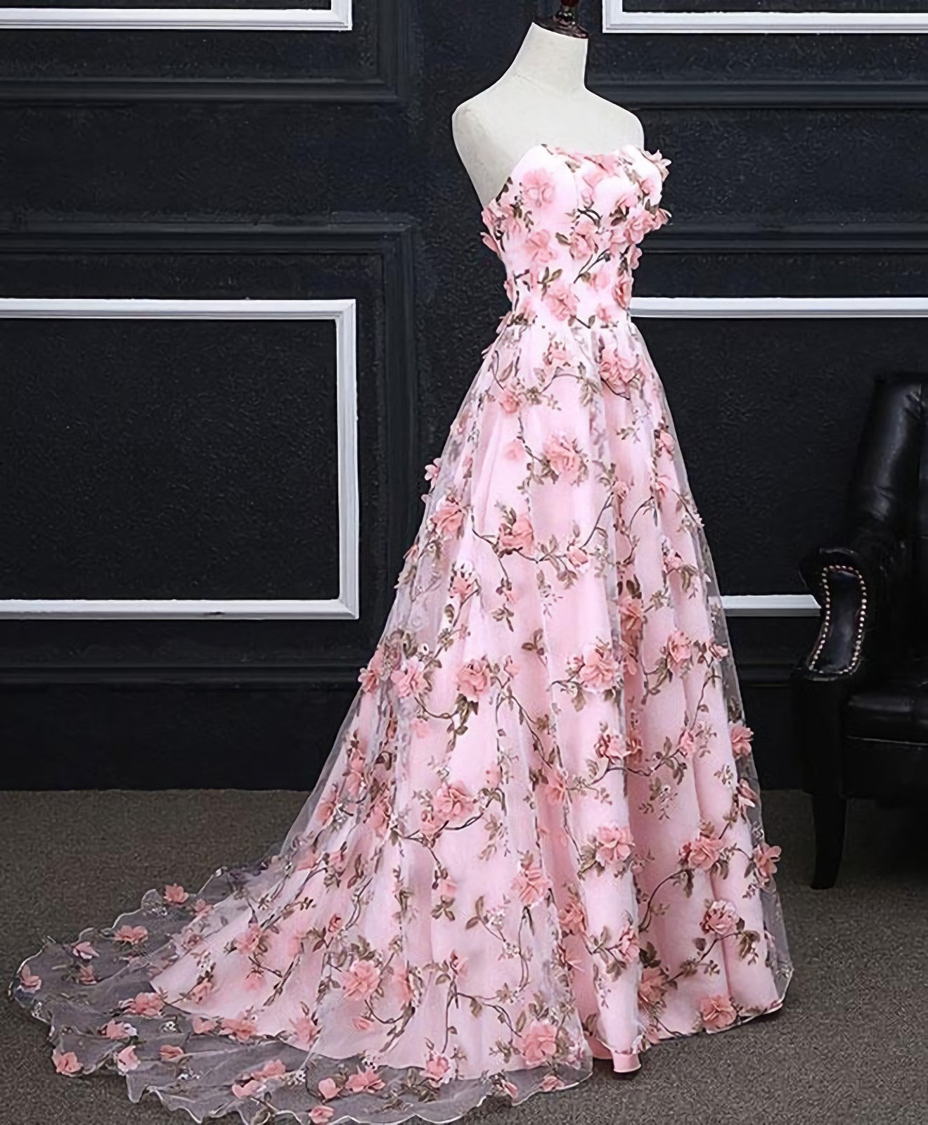 Party Dress Sales, Pink Tulle 3D Flowers Long Prom Dress, Pink Evening Dress
