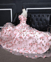 Party Dresses Sale, Pink Tulle 3D Flowers Long Prom Dress, Pink Evening Dress