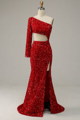 Prom Dress Trends For The Season, Mermaid One Shoulder Red Sequins Cut Out Prom Dress with Slit Front