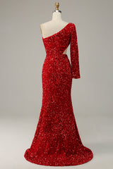 Prom Dresses Different, Mermaid One Shoulder Red Sequins Cut Out Prom Dress with Slit Front