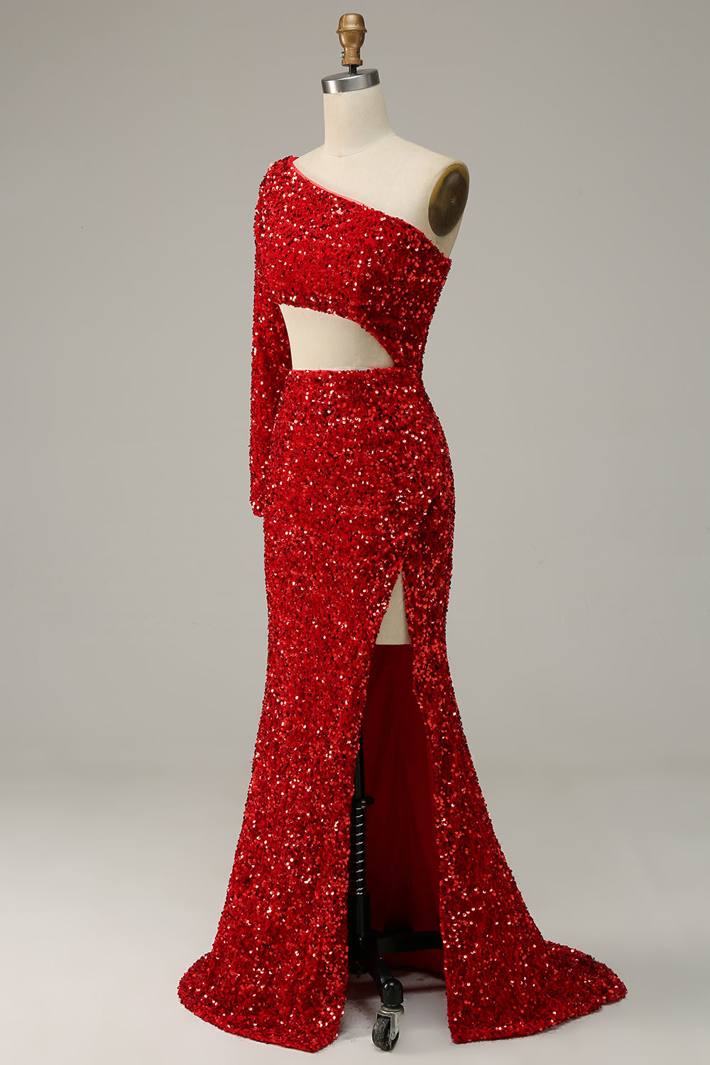 Prom Dress Short, Mermaid One Shoulder Red Sequins Cut Out Prom Dress with Slit Front
