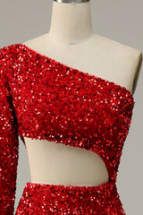 Prom Dress For Teens, Mermaid One Shoulder Red Sequins Cut Out Prom Dress with Slit Front