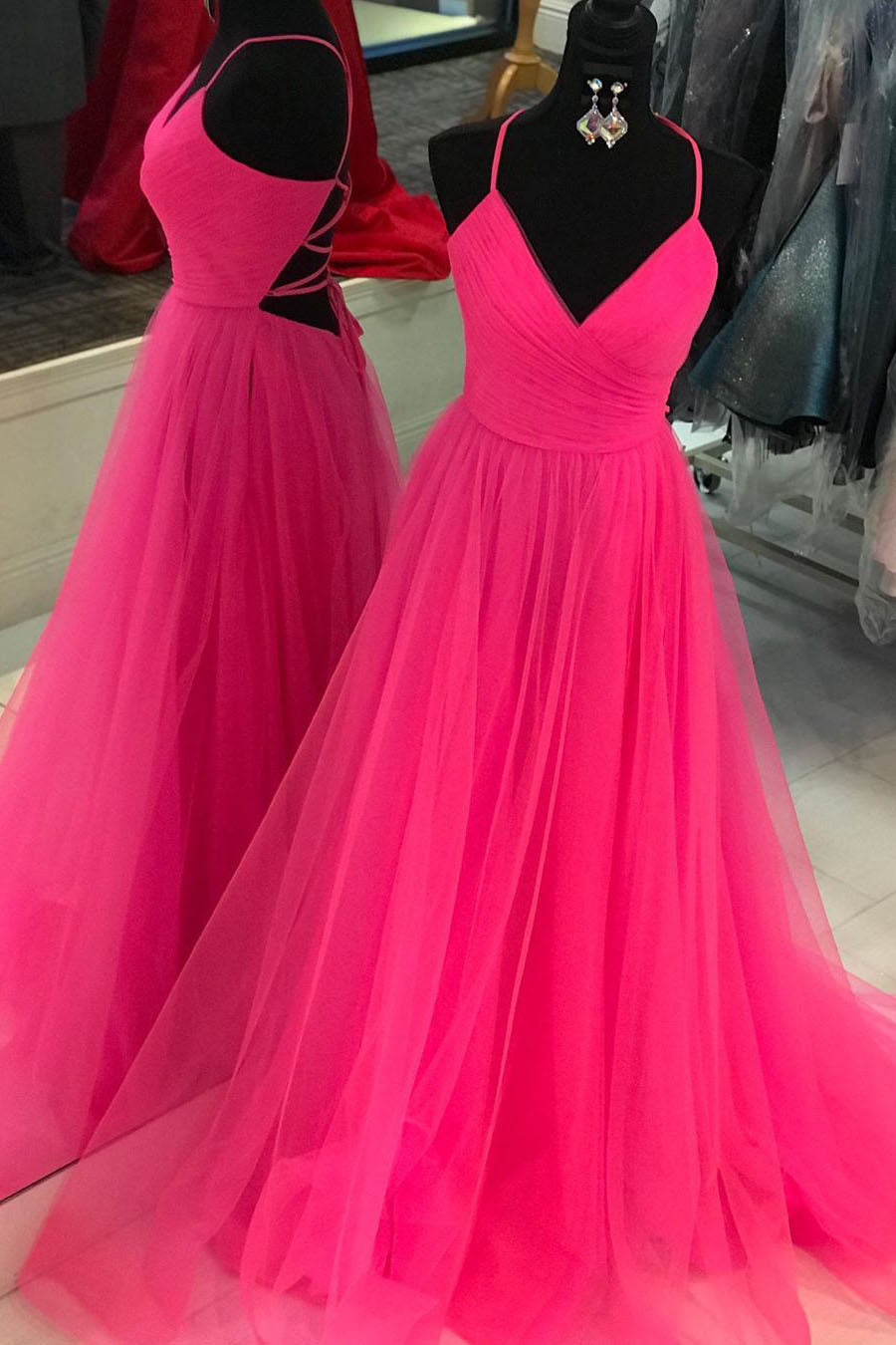 Homecoming Dress 2033, V Neck A-line Hot Pink Long Prom Dress with Lace-up Back