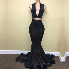 Prom Dresses For 034, Sexy Mermaid Black V Neck Two Pieces Sequence Long Prom Dresses