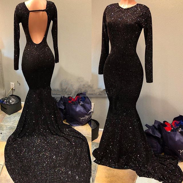 Evening Dress Italy, Shiny Black Mermaid Long Sleeves Round Neck Backless Long Sequence Prom Dresses