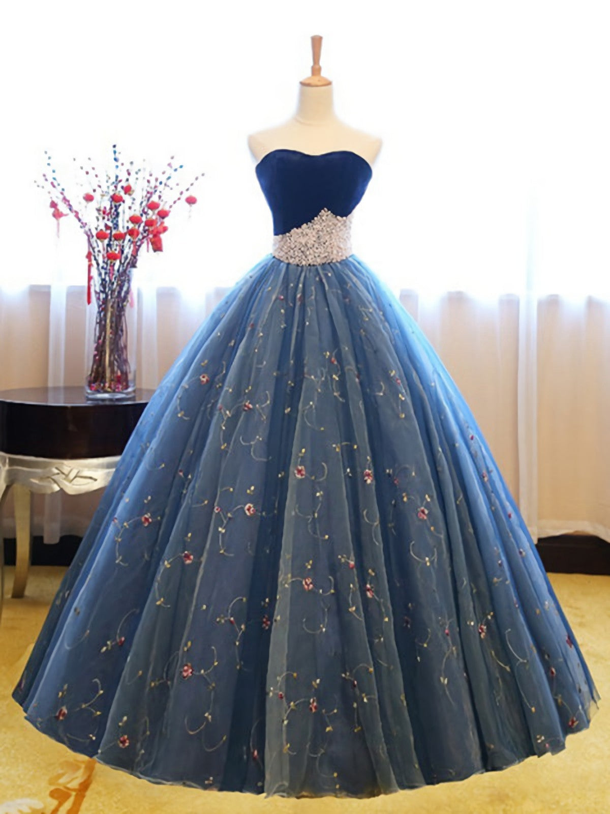 Formal Dress Website, Strapless Sweetheart Blue Tulle Embroidery Flowers Exquisite 2024 Prom Dresses