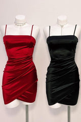 Homecoming Dress Long, Simple Pleated Red Short Homecoming Dress with Straps