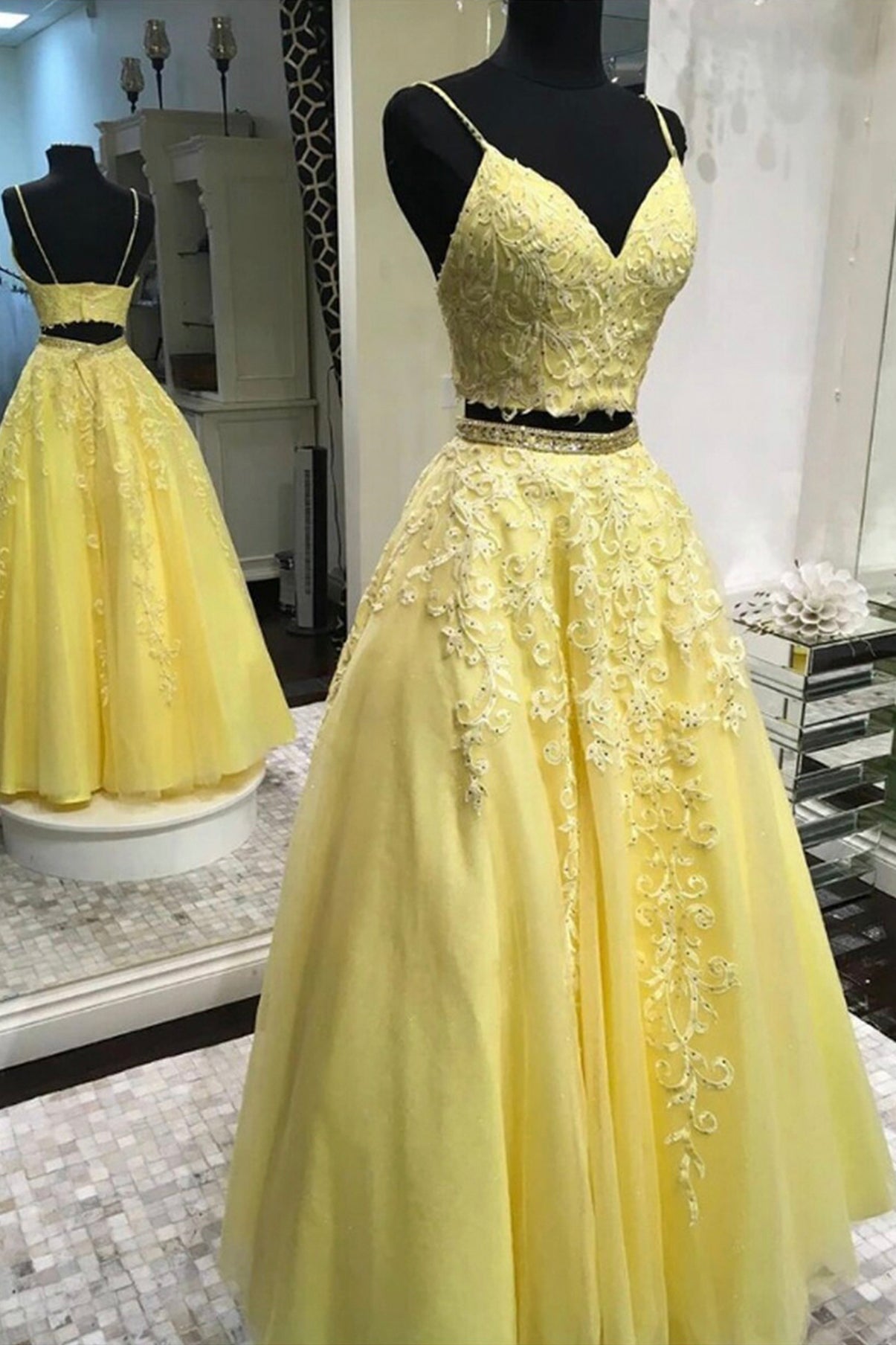 Formal Dresses Short, Yellow Lace Long Prom Dresses, Two Pieces Evening Dresses