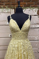 Club Dress, Yellow V-Neck Lace Long Prom Dress, A-Line Evening Dress