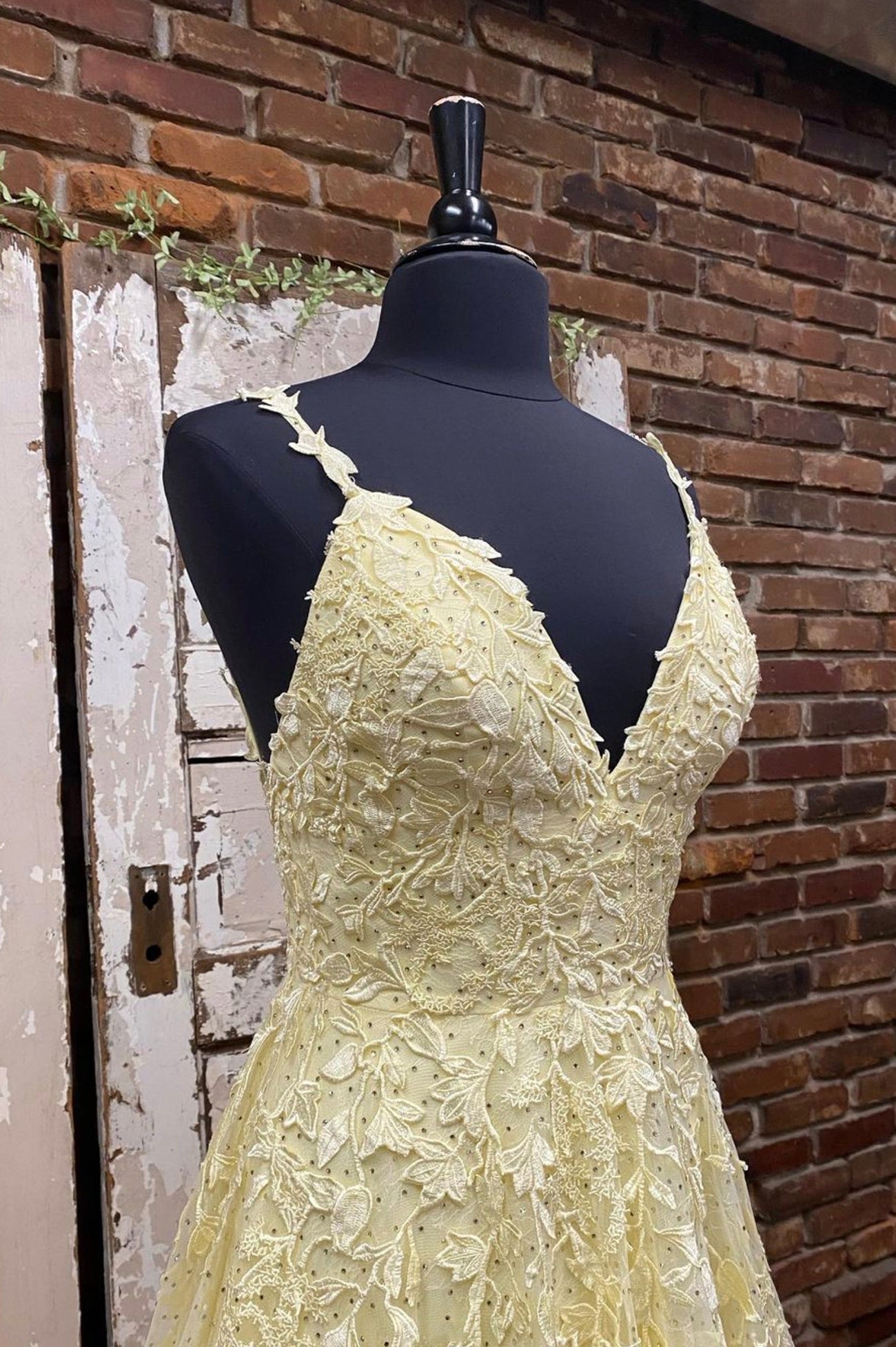 On Shoulder Dress, Yellow V-Neck Lace Long Prom Dress, A-Line Evening Dress