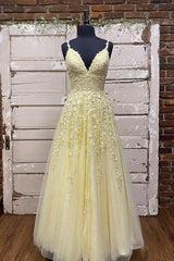 Evening Dress Long, Yellow V-Neck Lace Long Prom Dress, A-Line Evening Dress