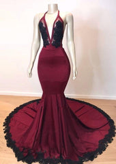 Prom Dresses With Long Sleeves, Sexy Mermaid V Neck Backless Burgundy And Black Long Prom Dress 2024