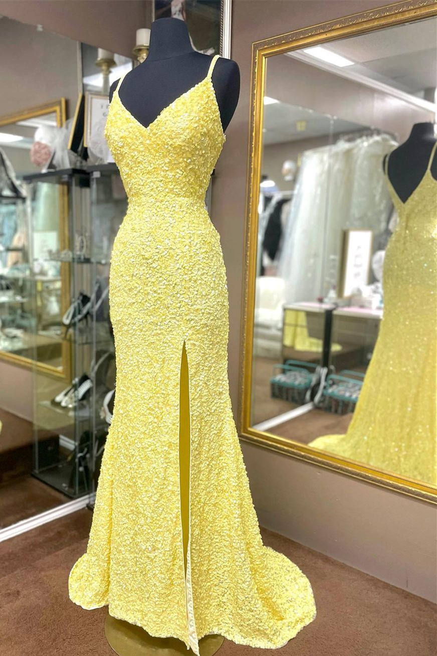 Homecoming Dresses Lace, Elegant Yellow Sequins Mermaid Prom Dress