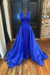 Formal Dresses Lace, Blue V-Neck Sequins Long Prom Dresses, Blue Formal Evening Dresses