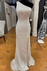 Homecoming Dresses Bodycon, One Shoulder Ivory Sequined Long Party Dress