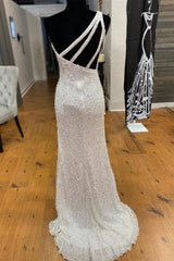 Homecomming Dress Black, One Shoulder Ivory Sequined Long Party Dress