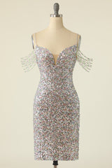 Party Dress Online, Silver Sequined Cocktail Dress With Fringes