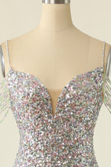 Party Dress 2035, Silver Sequined Cocktail Dress With Fringes