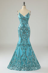 Fancy Dress, Blue Mermaid Sequin Long Prom Dress