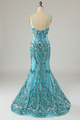 Long Dress, Blue Mermaid Sequin Long Prom Dress