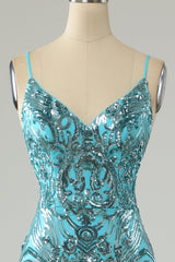 Blue Dress, Blue Mermaid Sequin Long Prom Dress