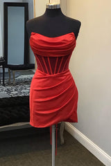 Homecoming Dresses Simples, Strapless Pleated Red Satin Homecoming Dress