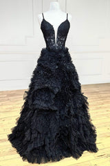 Prom Dresses A Line, Gorgeous Black Straps Ruffled Long Prom Dress with Appliques