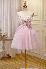 Prom Dresses Black Girl, Cute Pink Strapless Sweetheart Appliques Tulle Short Homecoming Dresses