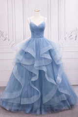 Formal Dress For Winter, Shiny Blue Tulle A-Line Spaghetti Straps Long Prom Dresses
