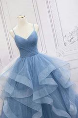Formal Dresses For Winter, Shiny Blue Tulle A-Line Spaghetti Straps Long Prom Dresses