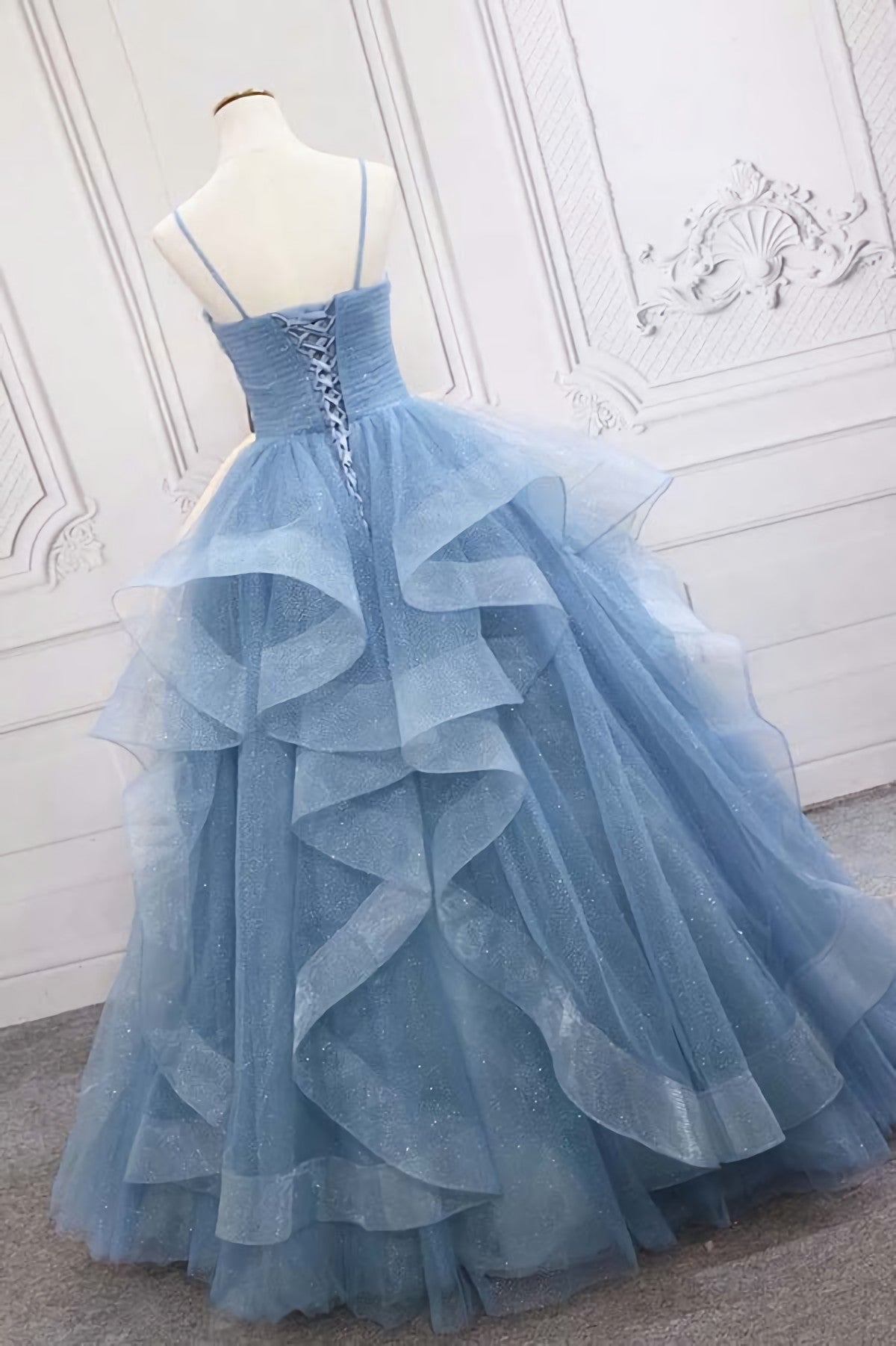 Formal Dresses Pink, Shiny Blue Tulle A-Line Spaghetti Straps Long Prom Dresses