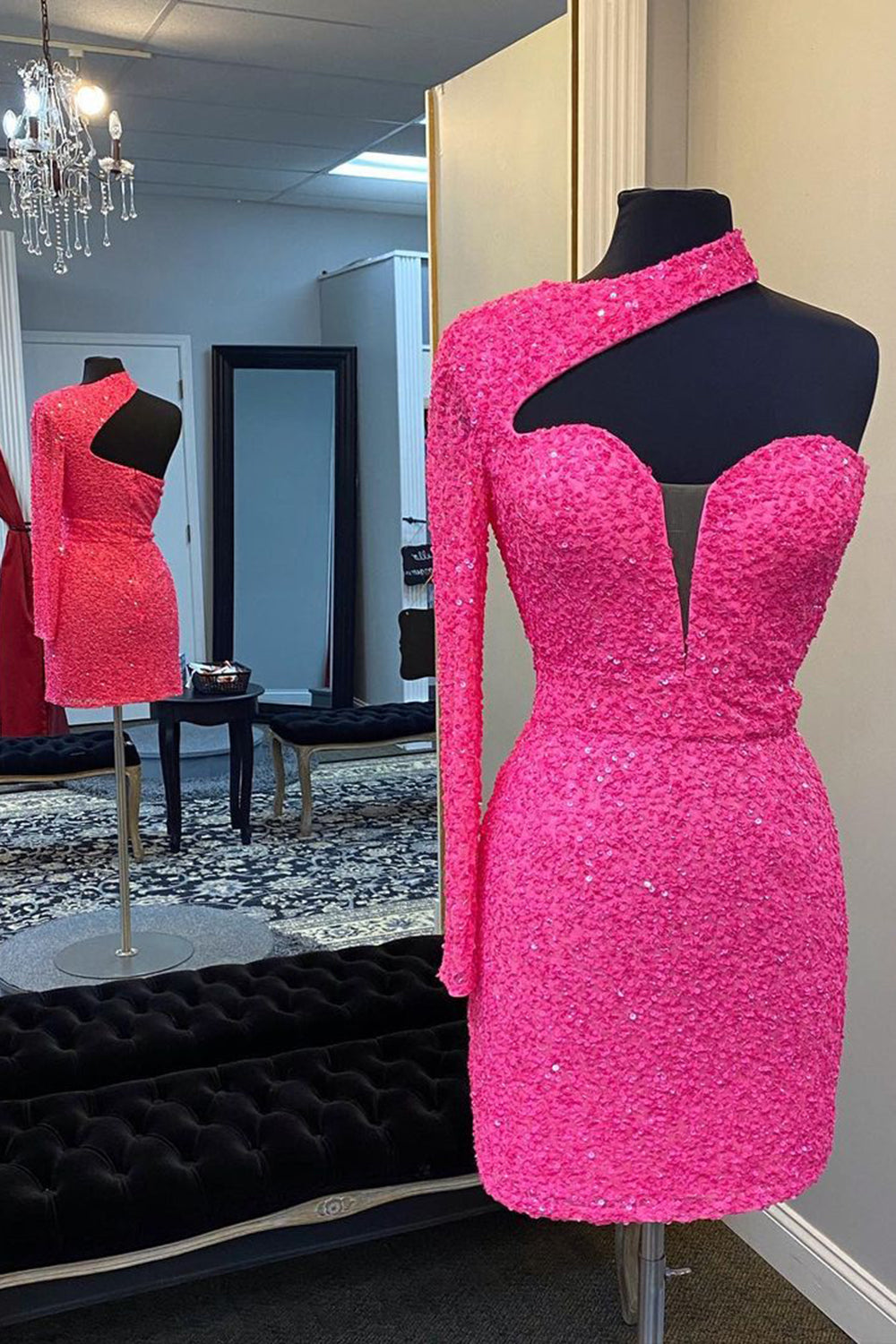 Party Dress Outfit, Hot Pink One Shoulder One Sleeves Tight Sequins Short Homecoming Dress