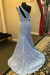 Prom Dresses Green, Light Blue One Shoulder Cut-Out Mermaid Long Prom Dress with Fringes