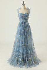 Homecoming Dress Cute, Grey Blue Embroidery Long Prom Dress