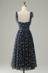 Prom Dressed Blue, Navy Stars A-Line Tea-Length Prom Dress With Bowknots
