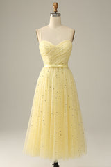 Bridesmaid Dresses Different Styles, Yellow Spaghetti Straps Tea Length Prom Dress