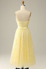 Bridesmaid Dresses Under 112, Yellow Spaghetti Straps Tea Length Prom Dress