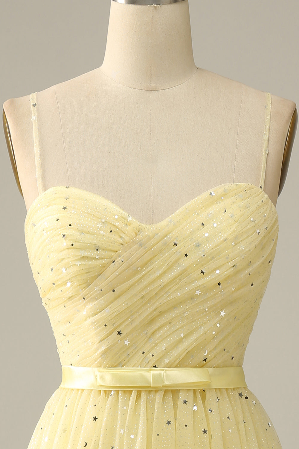 Bridesmaid Dresses Affordable, Yellow Spaghetti Straps Tea Length Prom Dress