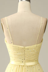 Bridesmaid Dress Online, Yellow Spaghetti Straps Tea Length Prom Dress