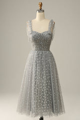 Bridesmaid Dress Color Schemes, Grey Spaghetti Straps Tea-Length Prom Dress With Bowknots