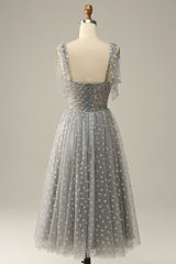 Bridesmaid Dresses Color Scheme, Grey Spaghetti Straps Tea-Length Prom Dress With Bowknots