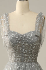 Bridesmaid Dress Colors Scheme, Grey Spaghetti Straps Tea-Length Prom Dress With Bowknots