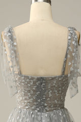 Bridesmaid Dress Color Scheme, Grey Spaghetti Straps Tea-Length Prom Dress With Bowknots