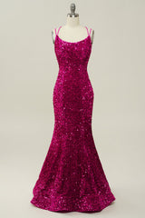 Prom Dresses Off The Shoulder, Hot Pink Sequin Spaghetti Straps Mermaid Prom Dress with Lace-up Back