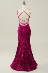 Prom Dresses Beautiful, Hot Pink Sequin Spaghetti Straps Mermaid Prom Dress with Lace-up Back