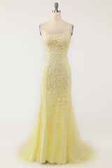 Bridesmaid Dress Strapless, Yellow Mermaid Long Prom Dress with Appliques