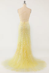 Bridesmaids Dresses Strapless, Yellow Mermaid Long Prom Dress with Appliques