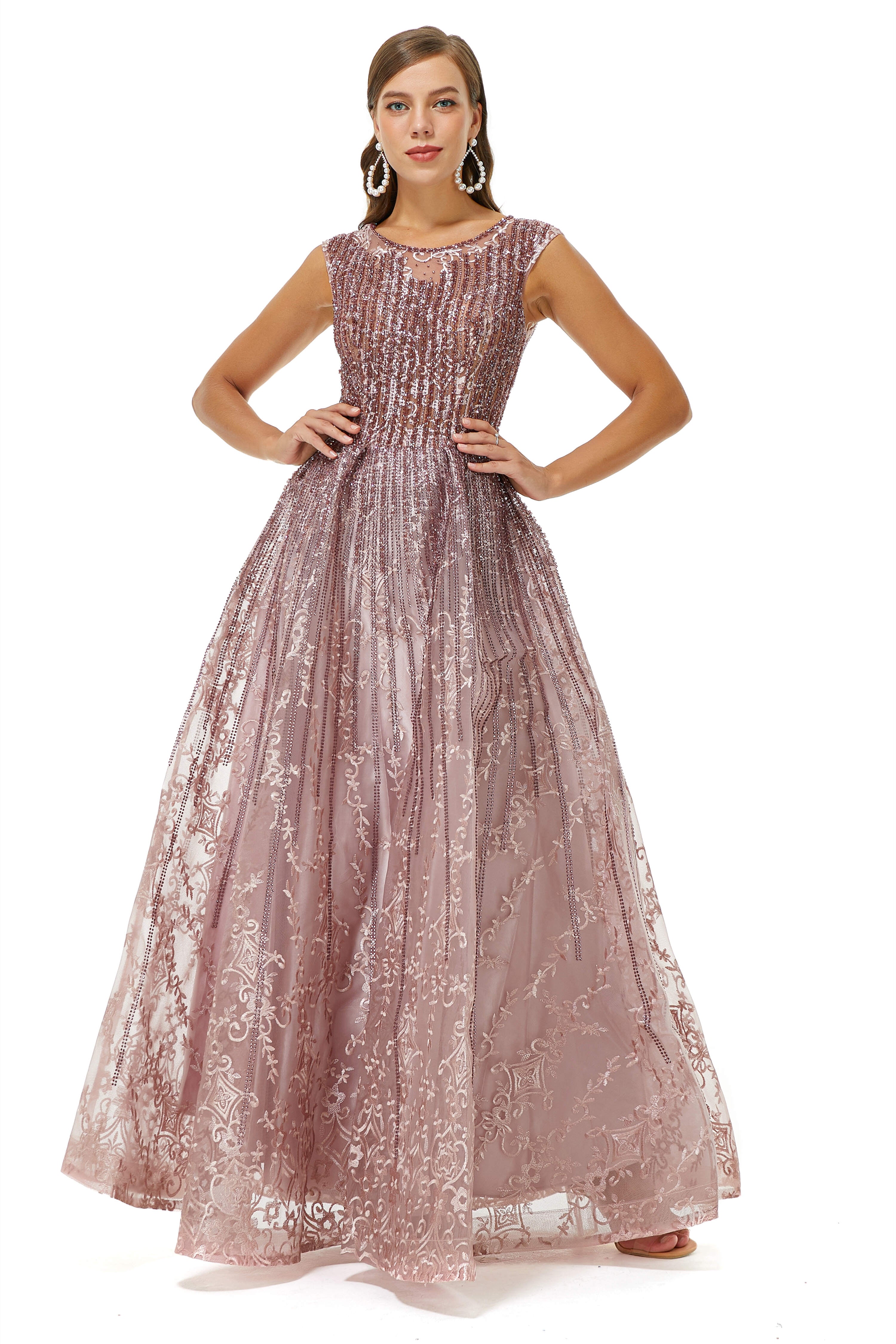 Homecoming Dress Simple, A-Line Beaded Jewel Appliques Lace Floor-Length Cap Sleeve Prom Dresses