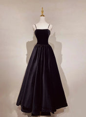 Bridesmaid Dresses Ideas, A-Line Black Velvet Floor-Length Prom Dress, Pearls Spaghetti Straps Long Party Dress