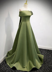 Prom Dress Pattern, A-line Green Satin Off Shoulder Long Evening Dress, Green Floor Length Prom Dress